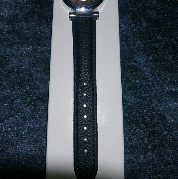 Circle Rose Gold Silver Black Leather Watch Band - Picture 7 of 8